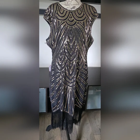 1920s Great Gatsby Flapper Plus Size Sequin Fringe Cap Sleeve Dress Vintage 2X - Picture 6 of 15